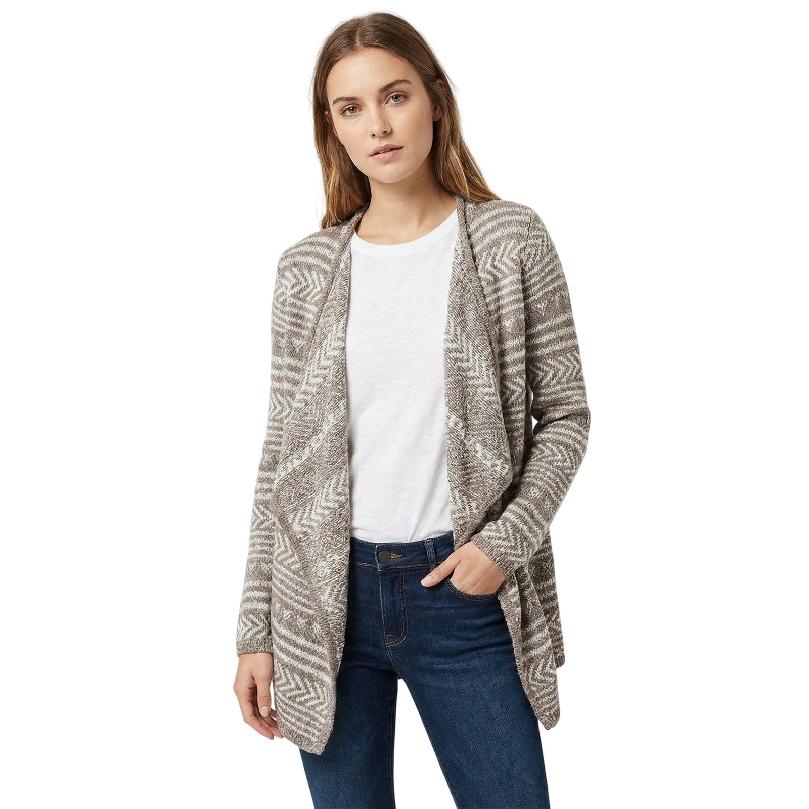 Lucky Brand Cardigan Sweater Womens Medium Taupe Open Front Cotton Aztec 7w51779
